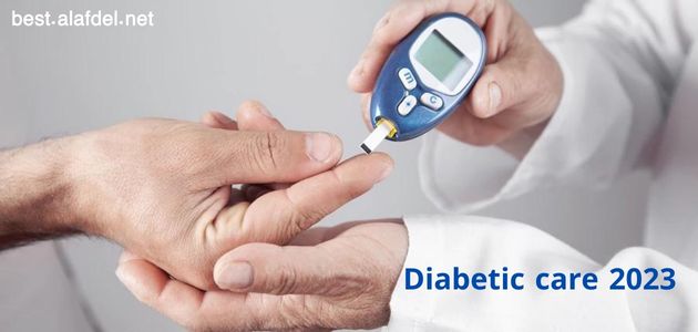 An image of a doctor measuring blood sugar for a patient, with Diabetic care 2023 written on the image