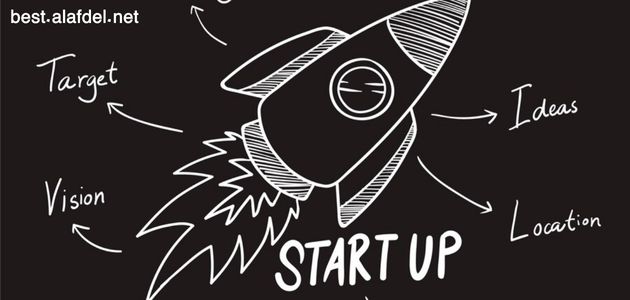 A picture with a rocket drawn on a black background and written words around it, as part of how startups work