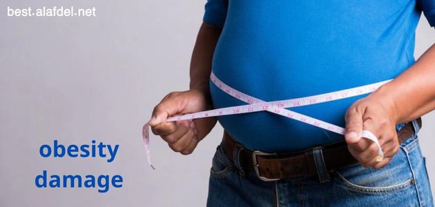 Image of a man with a tape measure around his stomach and obesity damage written on the image